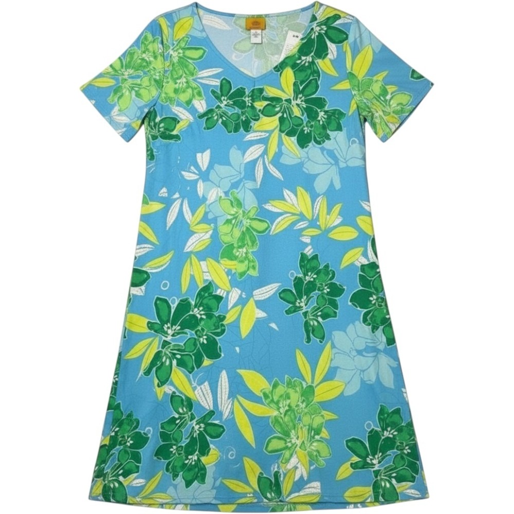 Ruby Rd Dress Blue Green Floral V-Neck Short Sleeve Shift Summer Small Womens